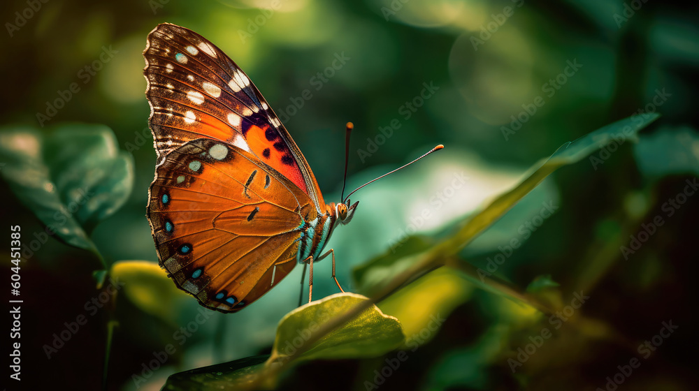 Fototapeta premium Close-up of a butterfly on a flower, a butterfly on a flower in the garden, a blurred background of a flower with a butterfly. A sense of beauty is created. Generative AI