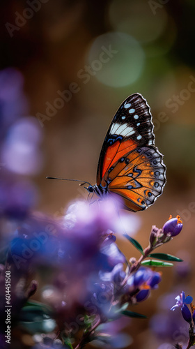 Close-up of a butterfly on a flower, a butterfly on a flower in the garden, a blurred background of a flower with a butterfly. A sense of beauty is created. Generative AI