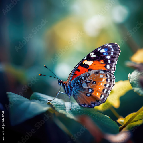Close-up of a butterfly on a flower, a butterfly on a flower in the garden, a blurred background of a flower with a butterfly. A sense of beauty is created. Generative AI © keks20034