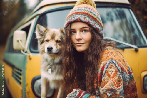 Young woman and her dog next to the car on a beautiful autumn day