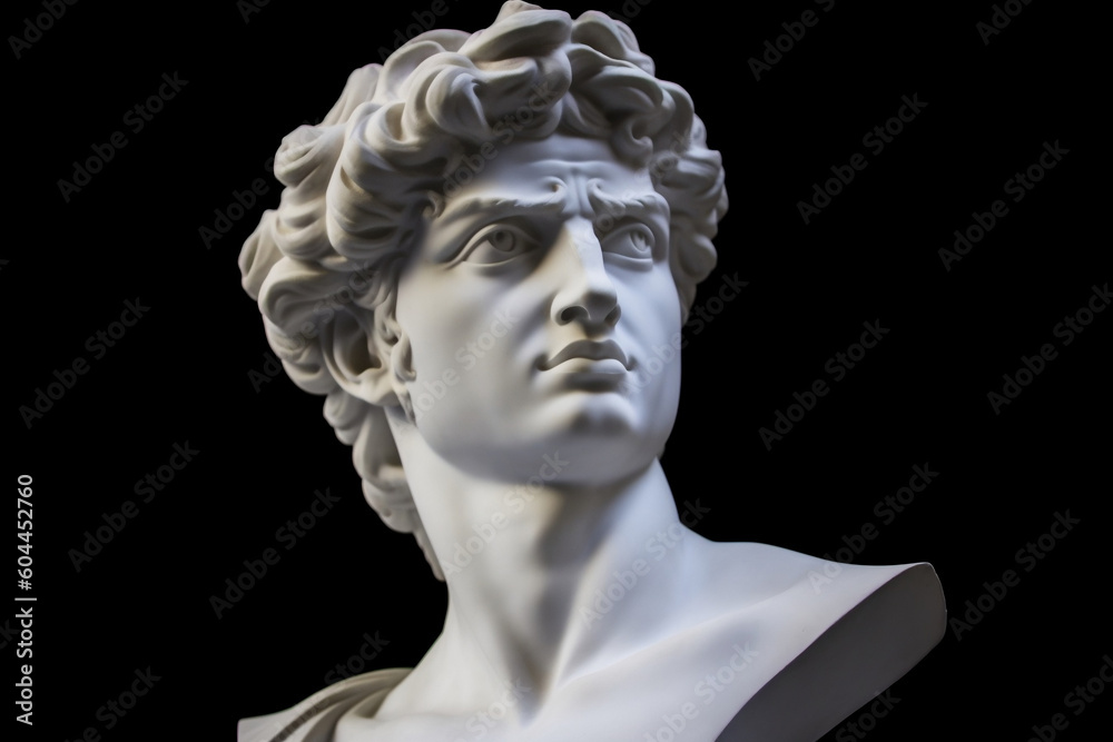 Gypsum statue of David's head on dark background - Michelangelo's iconic creation in plaster copy, generative AI