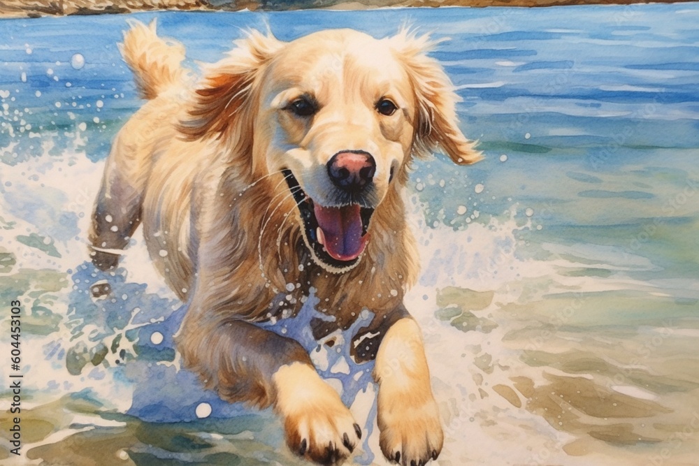 Puppy running and playing on the beach, AI art