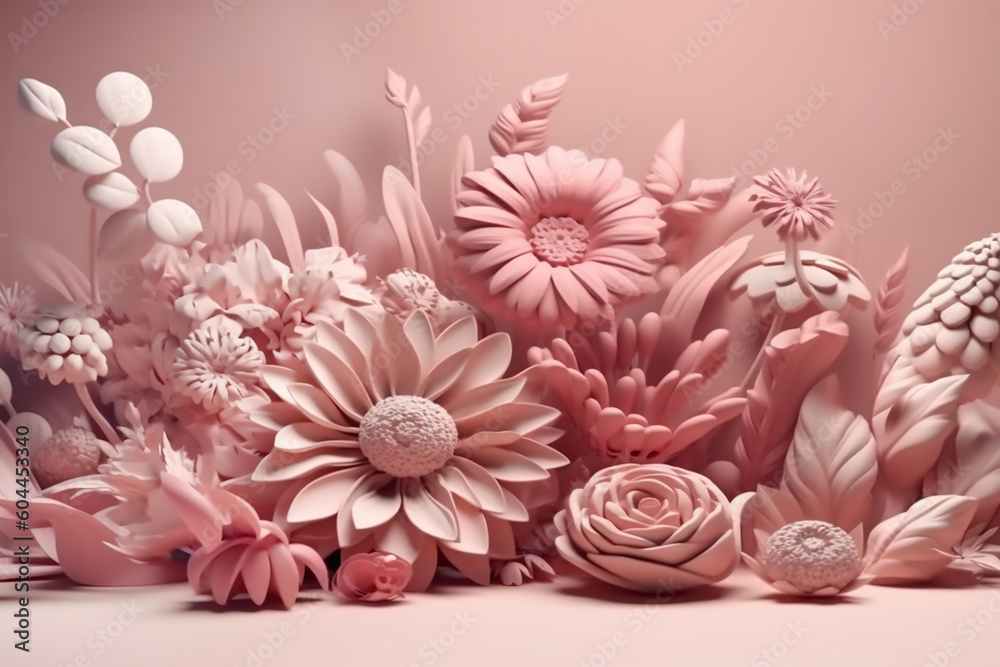 Composition of ash pink artificial flowers on a ash pink background. Generative AI