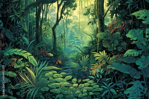 AI Generated story book page adventures into a lush jungle background