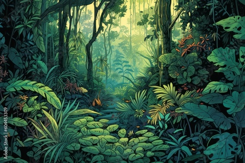 Fototapeta Naklejka Na Ścianę i Meble -  AI Generated story book page adventures into a lush jungle background