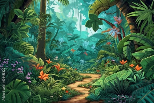 Fototapeta Naklejka Na Ścianę i Meble -  AI Generated story book page adventures into a lush jungle background