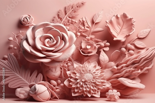 Composition of ash pink artificial flowers on a ash pink background. Generative AI
