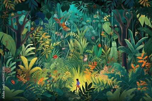 Fototapeta Naklejka Na Ścianę i Meble -  AI Generated story book page adventures into a lush jungle background