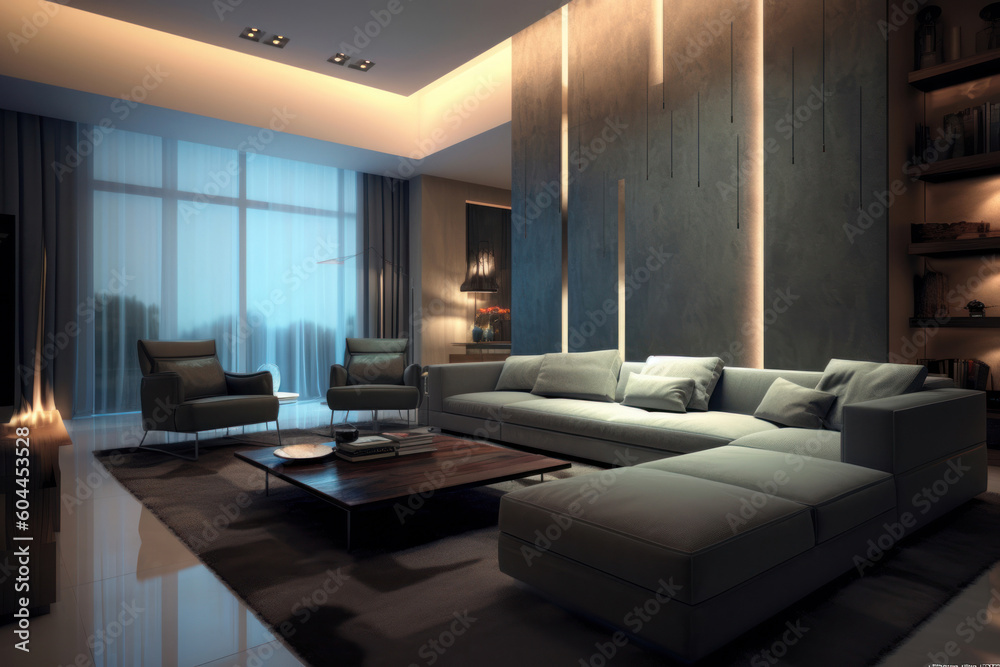 Living room with large glass windows and led lights by night. Ai generated.