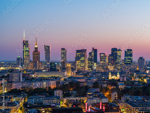 Warsaw city center at dusk  moody aerial landscape