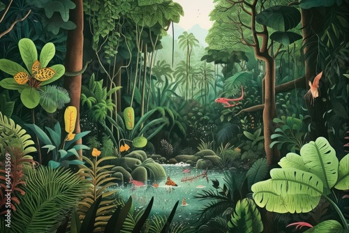 AI Generated story book page adventures into a lush jungle background