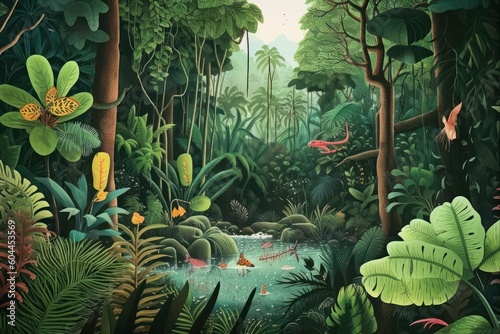 Fototapeta Naklejka Na Ścianę i Meble -  AI Generated story book page adventures into a lush jungle background