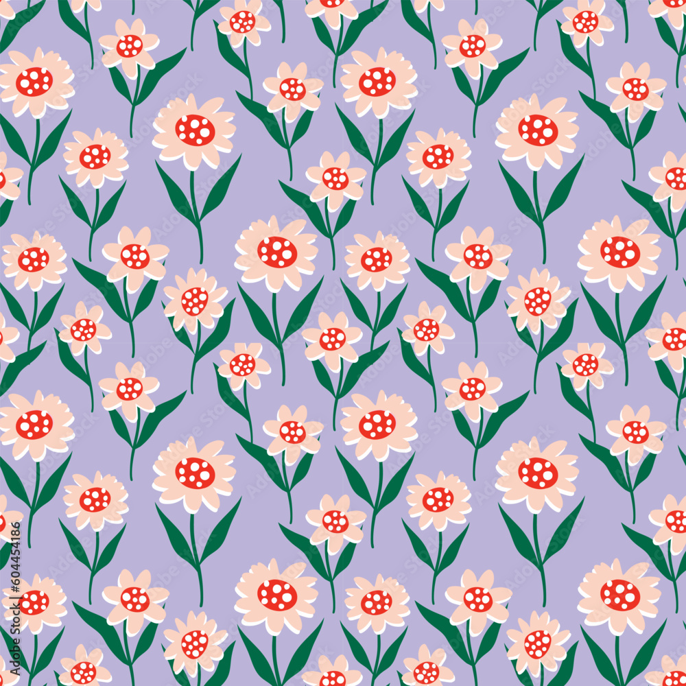 Seamless pattern with flowers on a purple background.