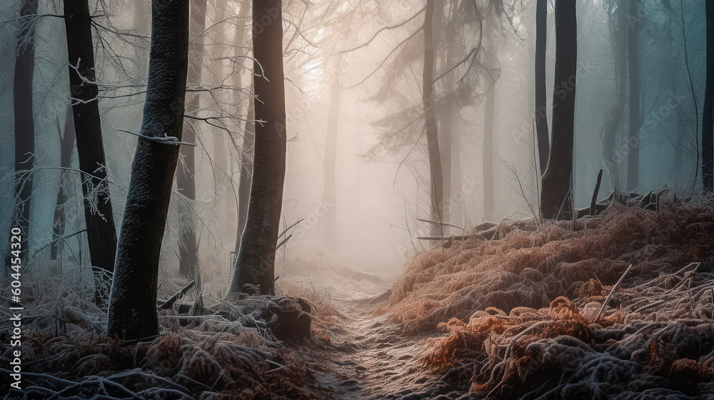 An illustration of a snow-covered forest with haze and fog, creating a magical atmosphere. Generative AI An illustration of a snow-covered forest with haze and fog, creating a magical atmosphere. Generative AI