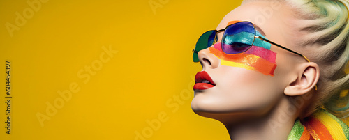 Radiant Colors, Expressive Female Model with Rainbow Body Paint and Shades on Yellow Background.  Generative AI. photo