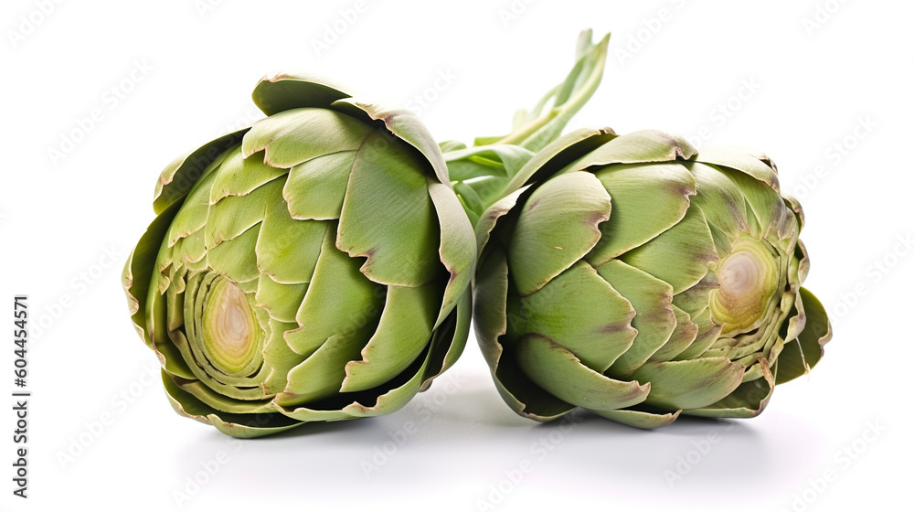 Fototapeta premium Artichoke flower edible bud and its cross cut isolated on white background., Created using generative AI tools.