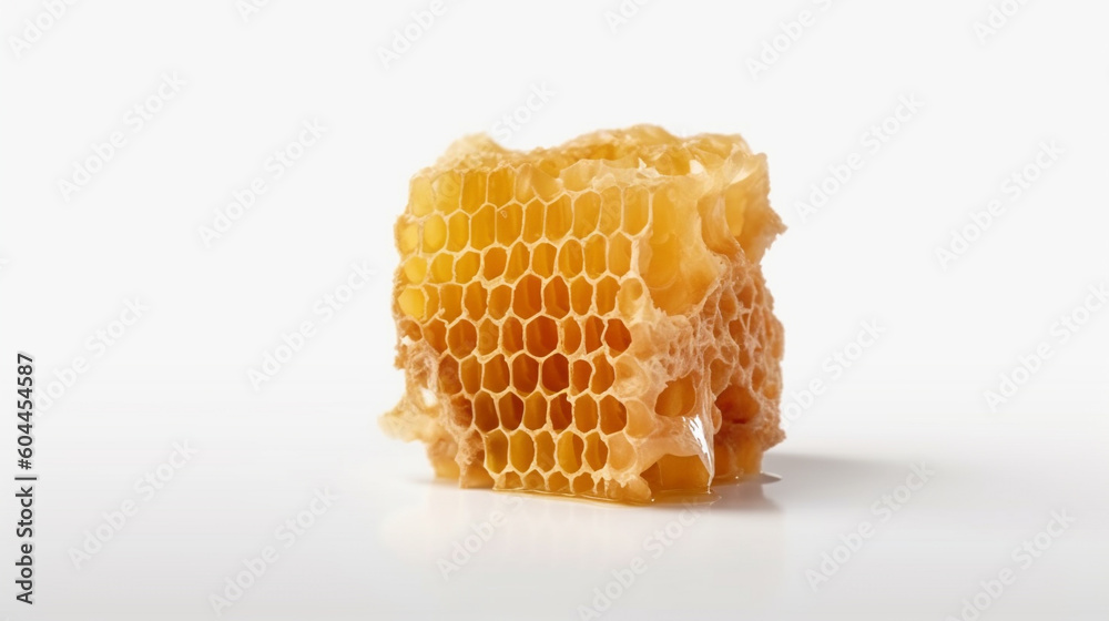 Honeycomb with honey drop on white background, Created using generative AI tools. Honeycomb with honey drop on white background, Created using generative AI tools.