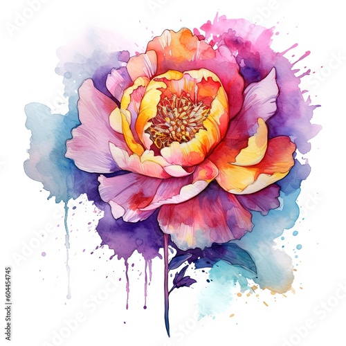 Watercolor beautiful peony flower. Illustration AI Generative.