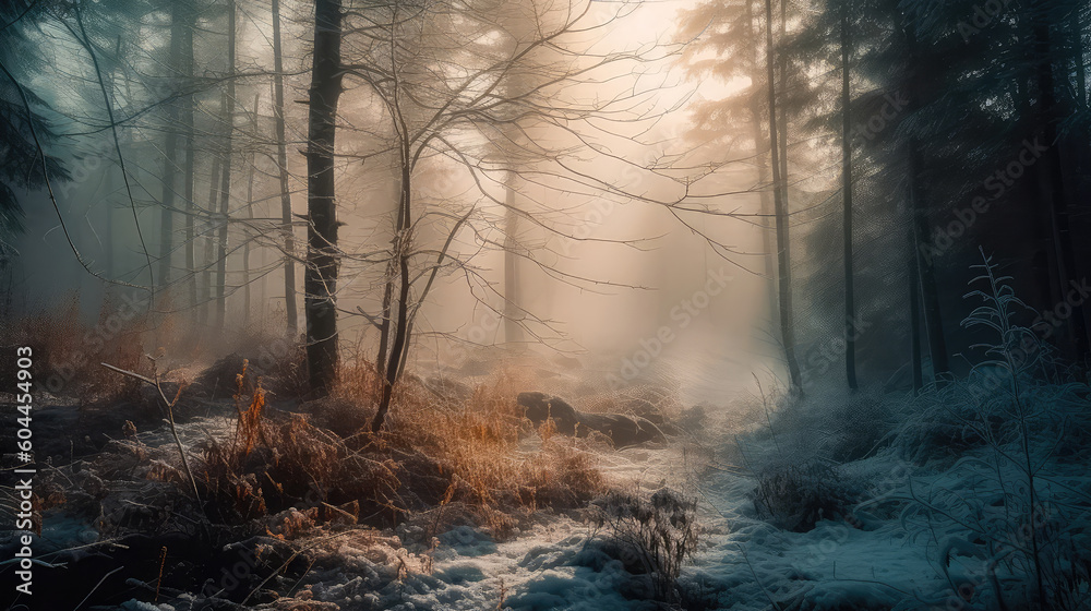 An illustration of a snow-covered forest with haze and fog, creating a magical atmosphere. Generative AI An illustration of a snow-covered forest with haze and fog, creating a magical atmosphere. Generative AI
