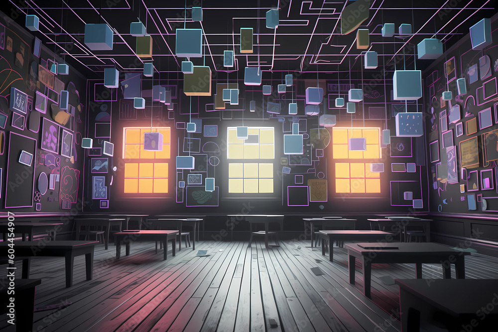 Inside a Grayscale Classroom with Colored Geometric Shapes hanging from the Ceiling (Generative AI) 