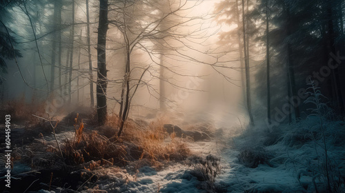 An illustration of a snow-covered forest with haze and fog, creating a magical atmosphere. Generative AI © keks20034