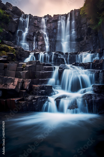 The ethereal beauty of a cascading waterfall in a long exposure photograph, capturing the mesmerizing motion of water as it gracefully flows over rocks (Generative AI)