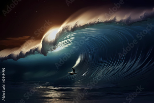 A Surfer Catching a Huge Wave. A surfer fearlessly rides a colossal wave, skillfully maneuvering through its towering crest with grace and determination (Generative AI)