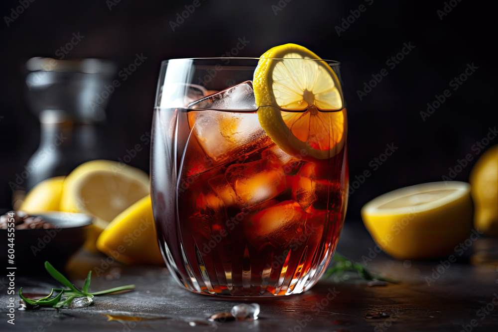 a drink in a glass with ice and lemons on the side, next to two glasses filled with water. Generative Ai a drink in a glass with ice and lemons on the side, next to two glasses filled with water. Generative Ai