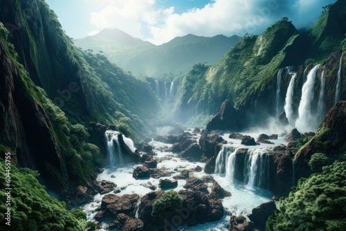 AI Generated Valhalla paradise mountains waterfalls photographic background