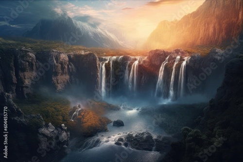 AI Generated Valhalla paradise mountains waterfalls photographic background © NikahGeh