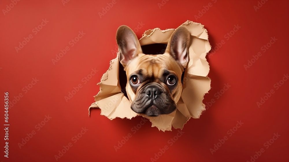 French bulldog isolated over red background, looking through a hole - Generative AI