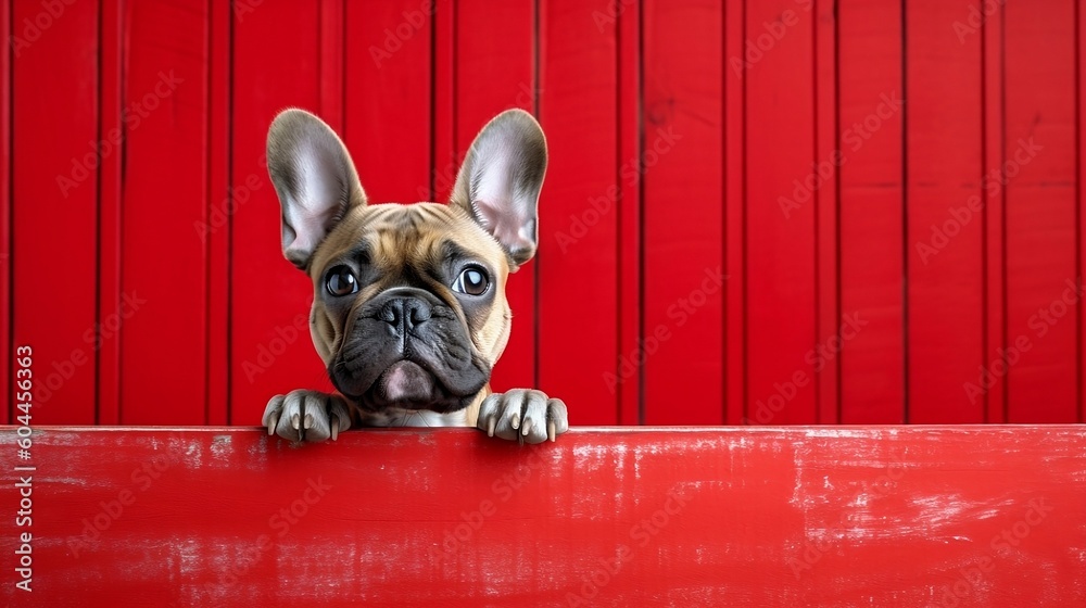 French bulldog isolated over red background - Generative AI