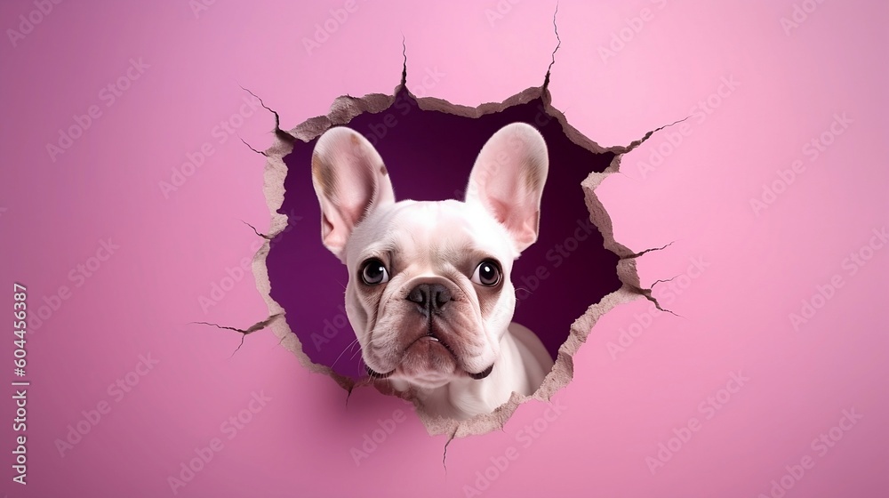 French bulldog isolated over pink background, looking through a hole - Generative AI