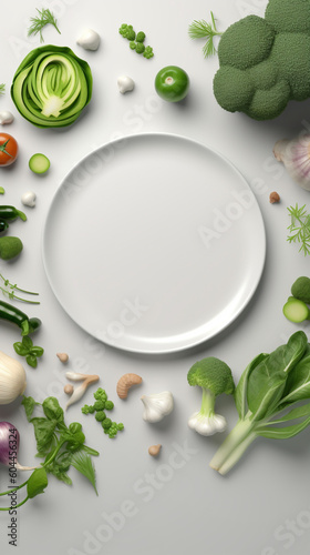 white empty plate in the center fresh green vegan, ceramic white plates for restaurants, ai generation
