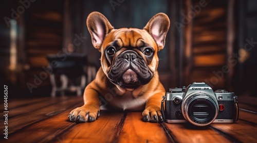 French bulldog isolated over house background, camara at his side - Generative AI © Neel