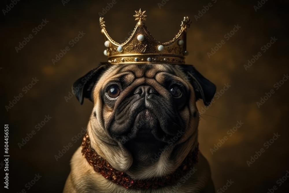 Pug with a King Crown. Generative AI.