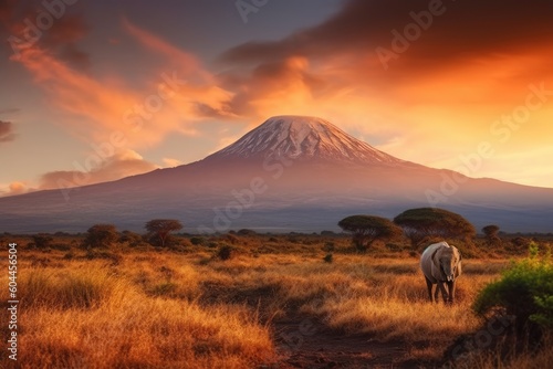 Sunset at mountain Kilimanjaro Tanzania and Kenya  travel summer holiday vacation idea concept. Generative AI.