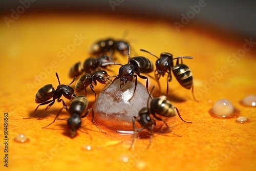 Black ants eating honey drop. Concept of teamwork or hardworking or unity. Generative AI. © jlfsousa