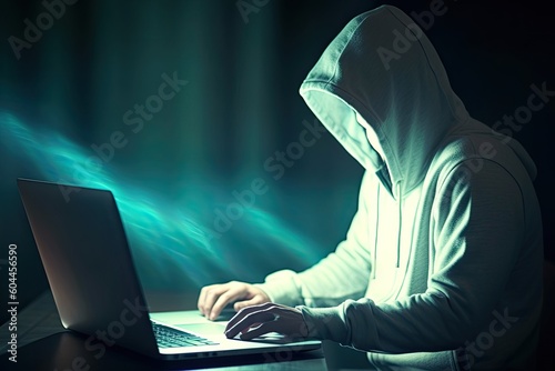 Anonymous hacker no face, with white hoodie typing computer laptop. Concept of ethical hacking. Cybersecurity, Cybercrime, Cyberattack. Generative AI.