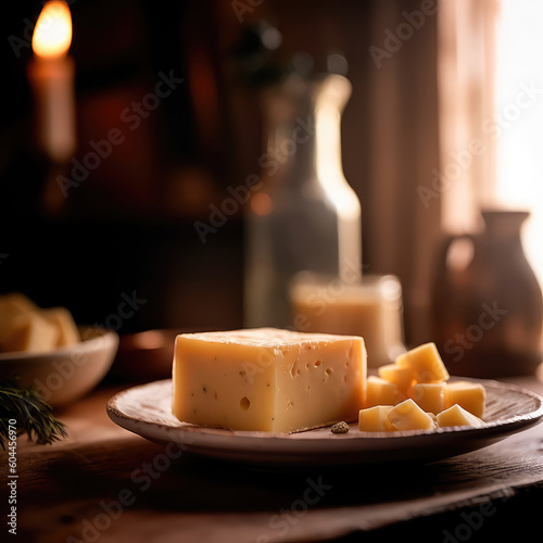 Plate with various varieties of delicious cheese on a wooden table with a blurry environment, creating a rustic atmosphere. Generative AI