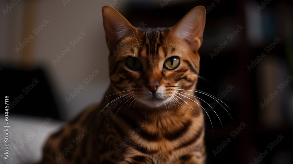 A grey stripe domestic pet house cat sit, looking, and stare at the camera. Generative AI technology.