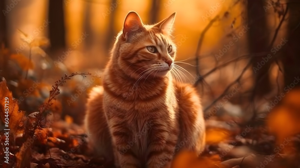 A portrait of beautiful yellow stripe domestic pet house cats chill, relaxed and sit at the outdoor forest area with blur background. Generative AI technology. A portrait of beautiful yellow stripe domestic pet house cats chill, relaxed and sit at the outdoor forest area with blur background. Generative AI technology.