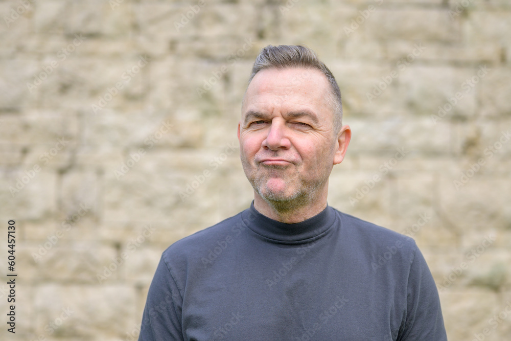 Grey haired man standing in front of a wall Grey haired man standing in front of a wall