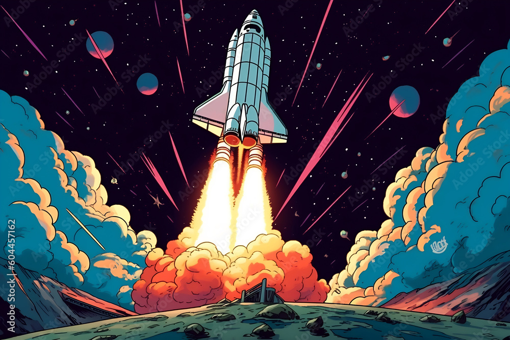 Rocket launch, ship, 2d illustration Generative AI
