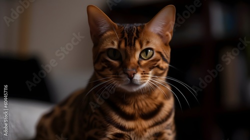 A grey stripe domestic pet house cat sit, looking, and stare at the camera. Generative AI technology. © Riocool