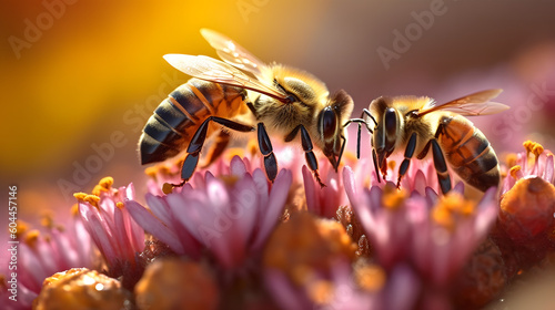 Close up de una hermosa abeja polinizando una flor rosa en primavera mientras vuela alrededor © o.charlyv