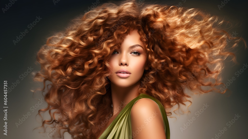 Fototapeta premium Hermosa joven latina con el cabello rebelde y alborotado en una fotografía de moda que resalta la textura de su cabello rojizo IA Generativa