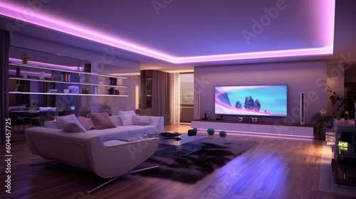 Modern Livingroom with multicolor led light - Smart home. Ai generated.. photo