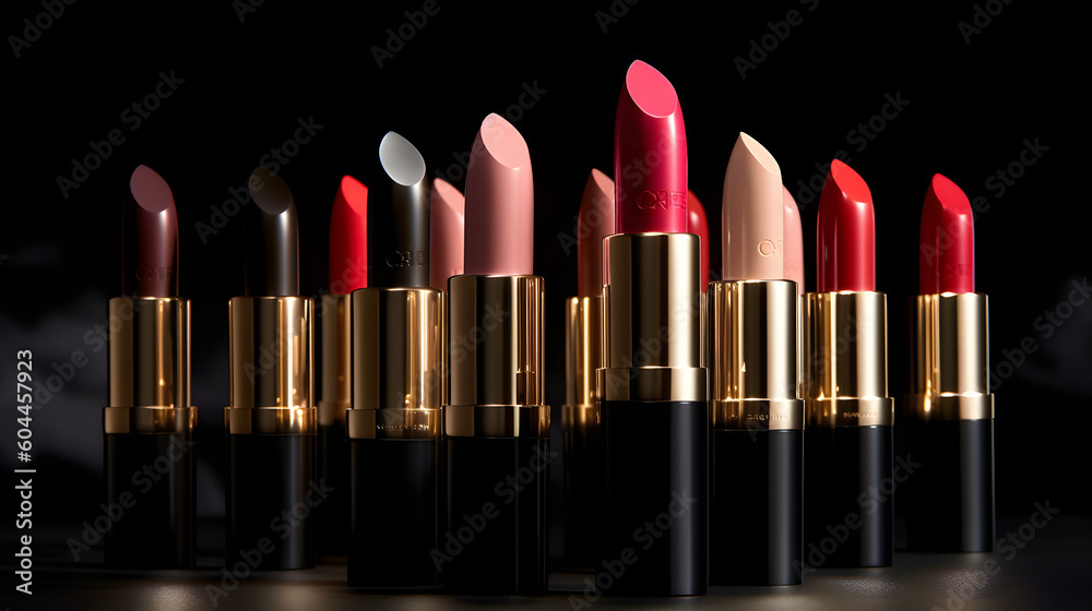 Obraz premium Colección de labiales multicolor sobre fondo en estudio fotográfico