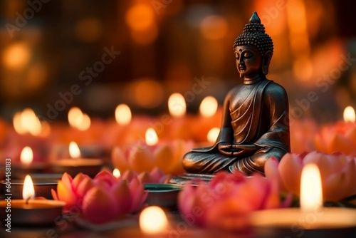 Buddhist celebration with lotus flower and candle background, generative AI © Ash